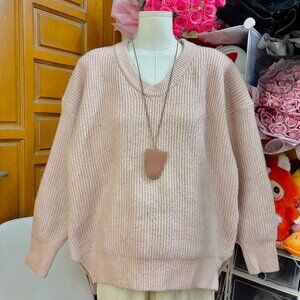 Pink Ribbed Knit V-Neck Oversized Sweater